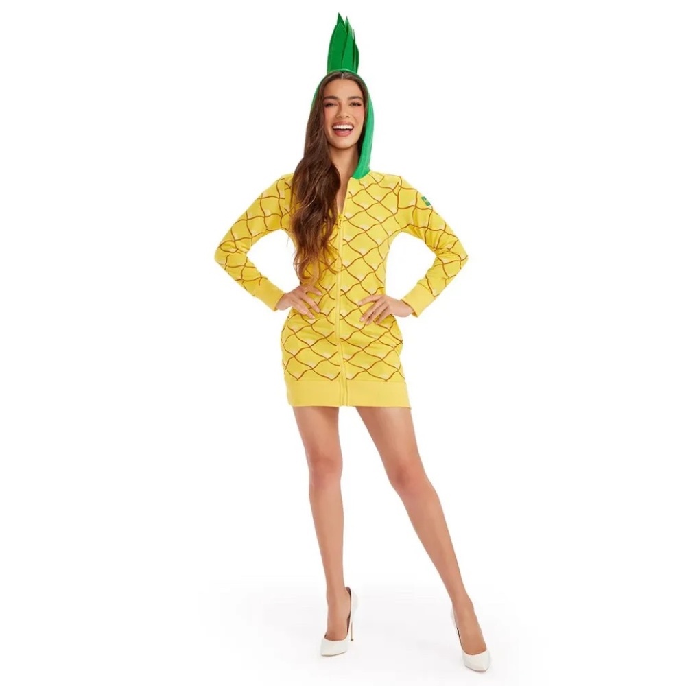 Tipsy Elves Yellow Pineapple Hoodie Mini Dress with Green Hood